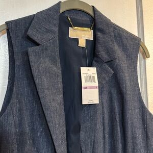 NWT MICHAEL Michael KORS Linen Blend Collard Longline Vest in Indigo Blue Size 6